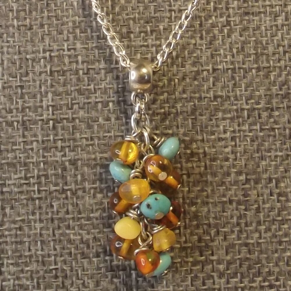 Amber & Turquoise Beaded Tassel Charm Necklace on Silver Tone Chain